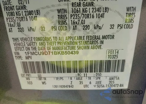 2011 Ford Escape Xlt z USA, uszkodzony, nr VIN 1FMCU9D71BKB50439